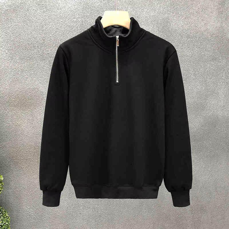 Hong Kong-Style Men's Retro Streetwear Solid Color Half-Zip Long Sleeve Hoodie