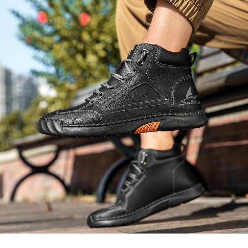 Women/ Men's PU Leather Boots, Men's Fashionable Handmade Stitched Ankle Boots, Flat Bottomed Lace Up Casual Shoes