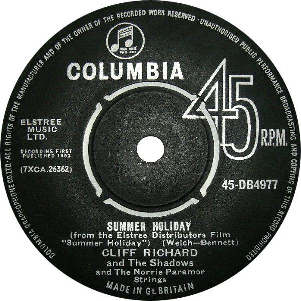 

7inch Record CLIFF RICHARD & THE SHADOWS - Summer Holiday 45DB4977 Columbia 1963 UK Rock Used
