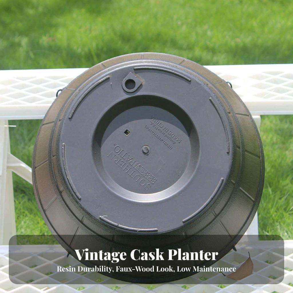 Hanging Planter with Wood Grain Farmhouse Barrel Resin for Patio, Garden