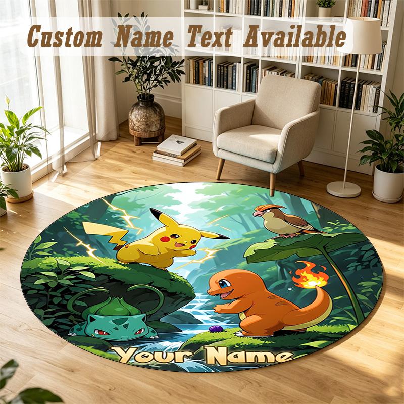 Round Rug Custom NamePokémon Pattern Non Slip Carpet Home Floor Decor