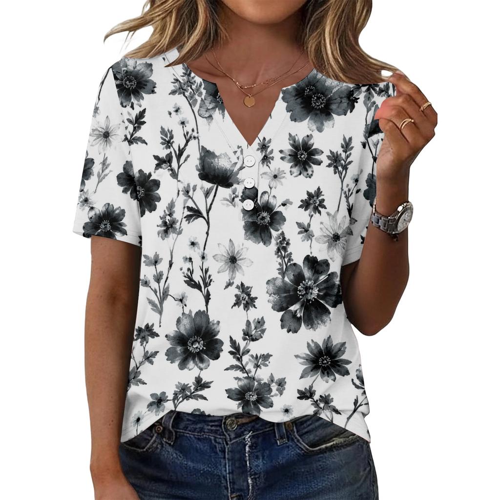 Women's Casual Floral Print V-Neck Short Sleeve Button T-Shirt