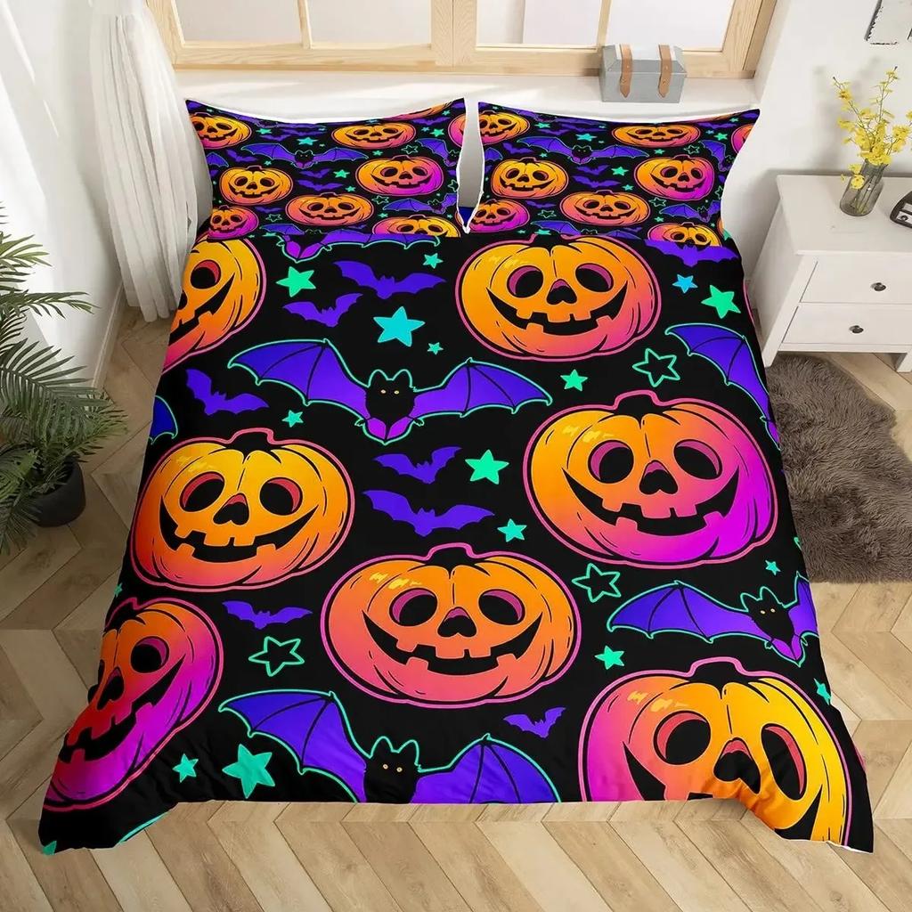 Halloween Duvet Cover Set Gothic Spooky Bedding Sets,Pumpkin Lantern Comforter Cover Horror Ghost Witch Hat Cat Bat Quilt Cover