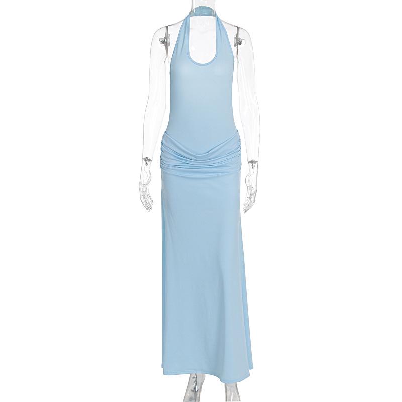 European and American Women's Clothing, New Summer Products, Sexy Neck-hanging U-neck Backless Skirt, Pleated Design Texture Dress