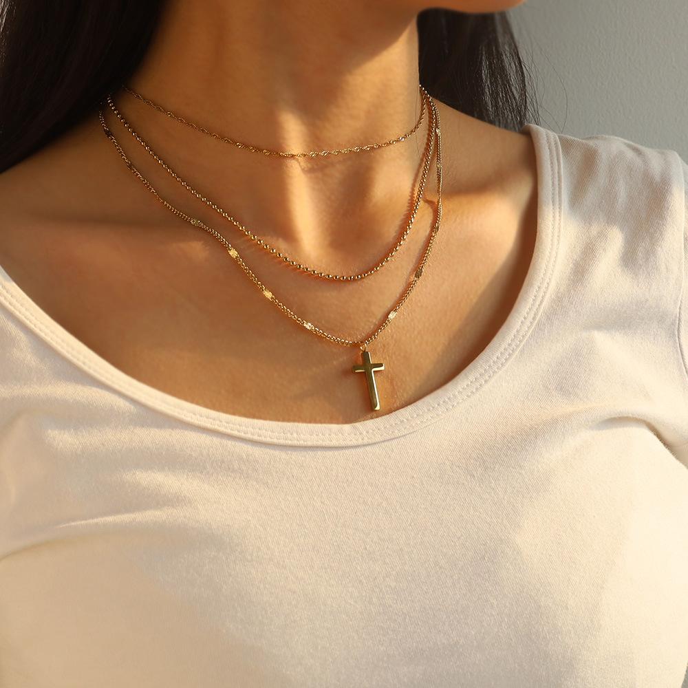 French Retro Three-Layer Chain Stacked Non-Fading Cross Pendant Necklace Collarbone Chain Men'S And Women'S Popular Jewelry