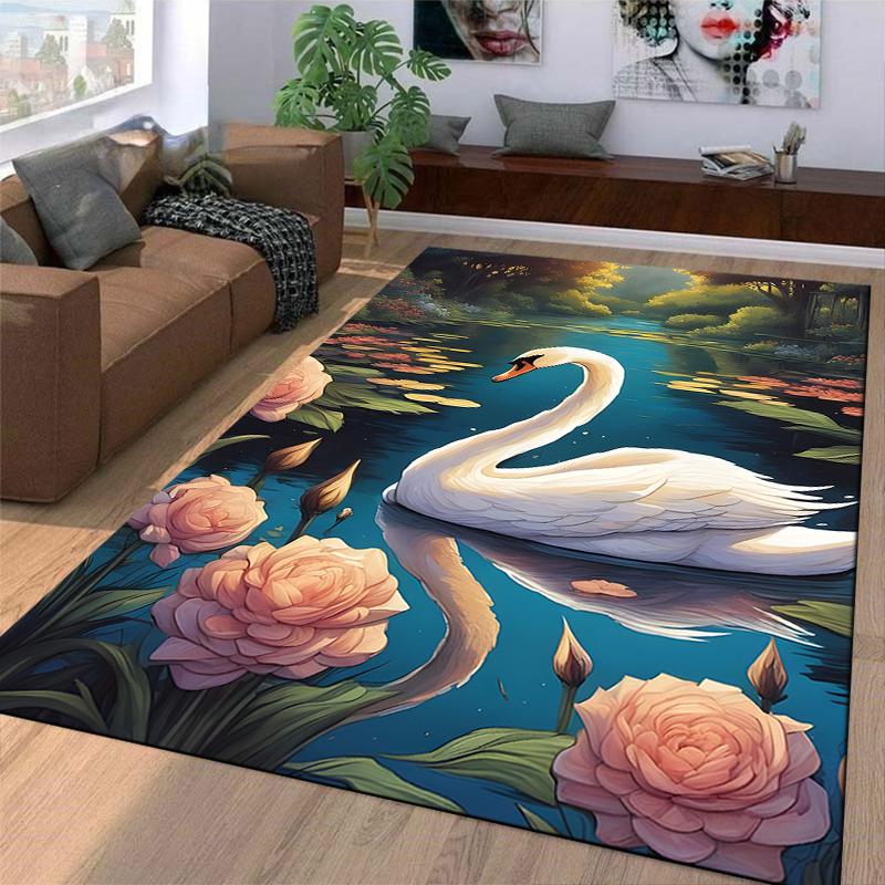 Elegant Swan with Pink Roses and Pond Scene Area Carpet Decor Suitable for Use As an Anti-slip for Living Room Bedroom Sofas
