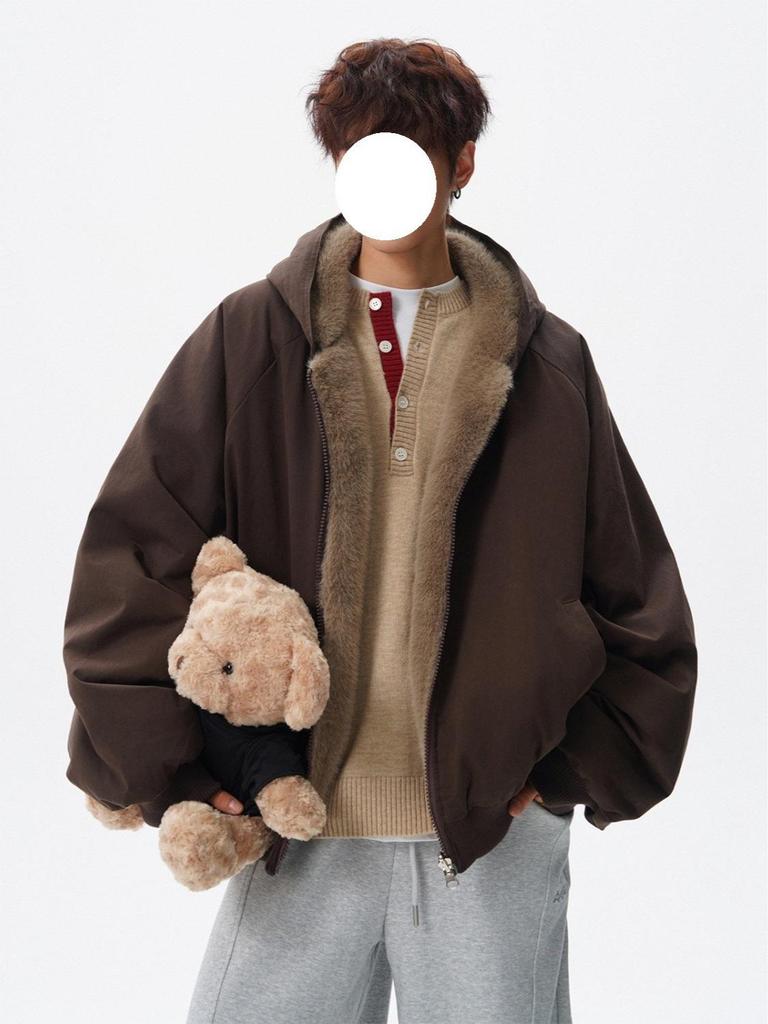 Trendy Reversible Faux Rabbit Fur Men's Winter Jacket: Cool, Warm, Retro Hooded Cotton Coat for Couples