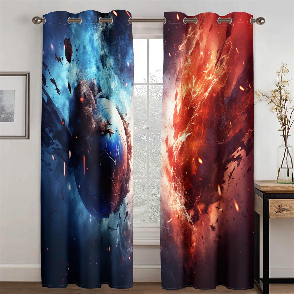 Rot Blau Fußball Vorhänge Farbexplosion Hintergrund Schock Sportbereich Wohnzimmer Schlafzimmer Küche Balkon Fensterdeko 2 Paneele 50W130H(CM)X2PCS&Grommet Top