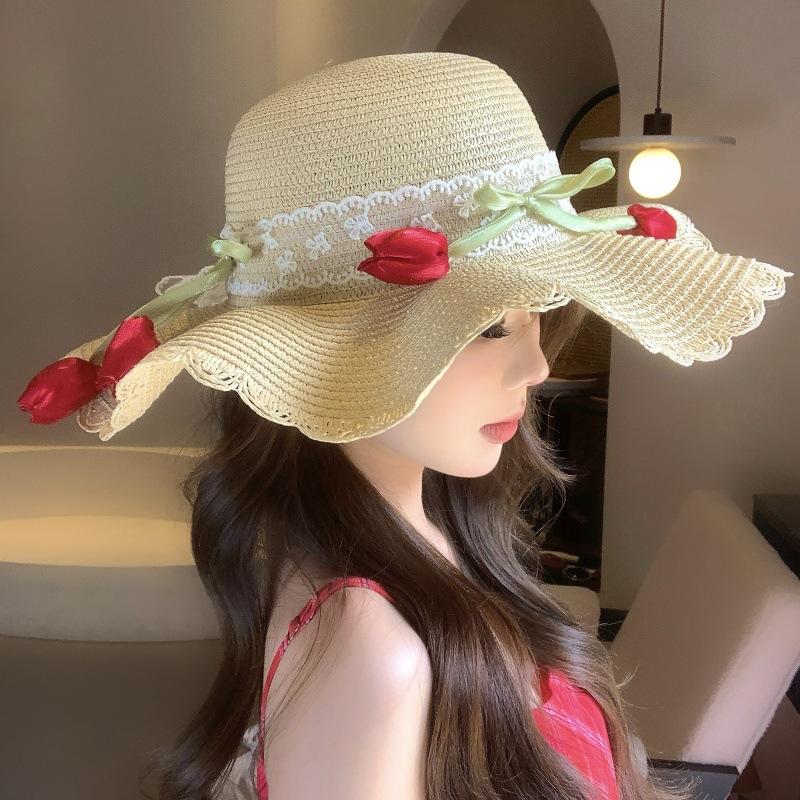 Brim Lace Sunscreen Seaside Hat Beach Sun Hat Ladies Shade Straw Hat Summer Flower Shade Hat