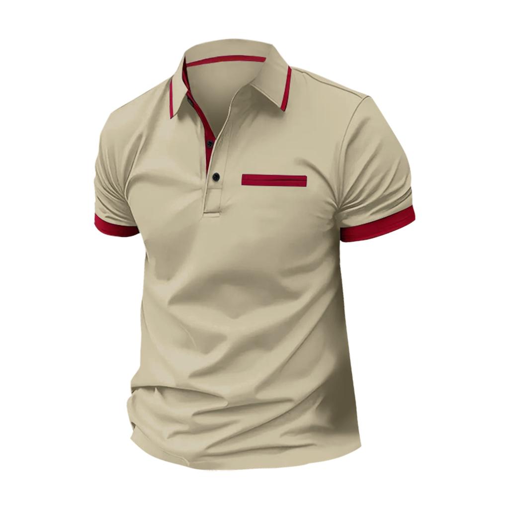Men's Casual Shirt With Fake Chest Pocket, Lapel Buttons, Business T-shirt, Color Blocked Top For Men