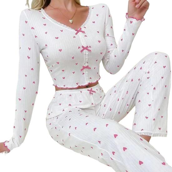 Kadın Dantel Detaylı Pijama Takımı Uzun Kollu V Yaka Önden Düğmeli Üst Tam Boy Pantolon Uyku Giyim Gecelik