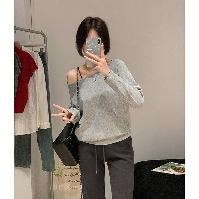 

Весна Осінь Косий Плече Однотонна Футболка Жіноча Довгий Рукав Повсякденна Мода Універсальний Светр-Футболка Топ S сірий