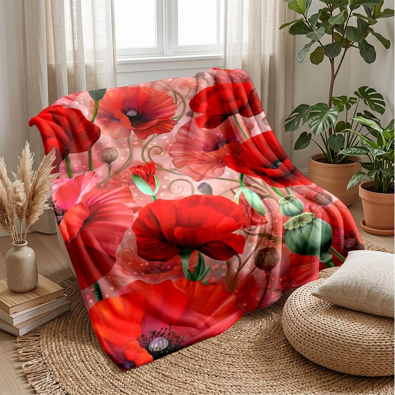 Red Poppies and Butterflies Theme blanket Lightweight Warm Flannel Blanket Decorative Throw Blanket for Home Decoration