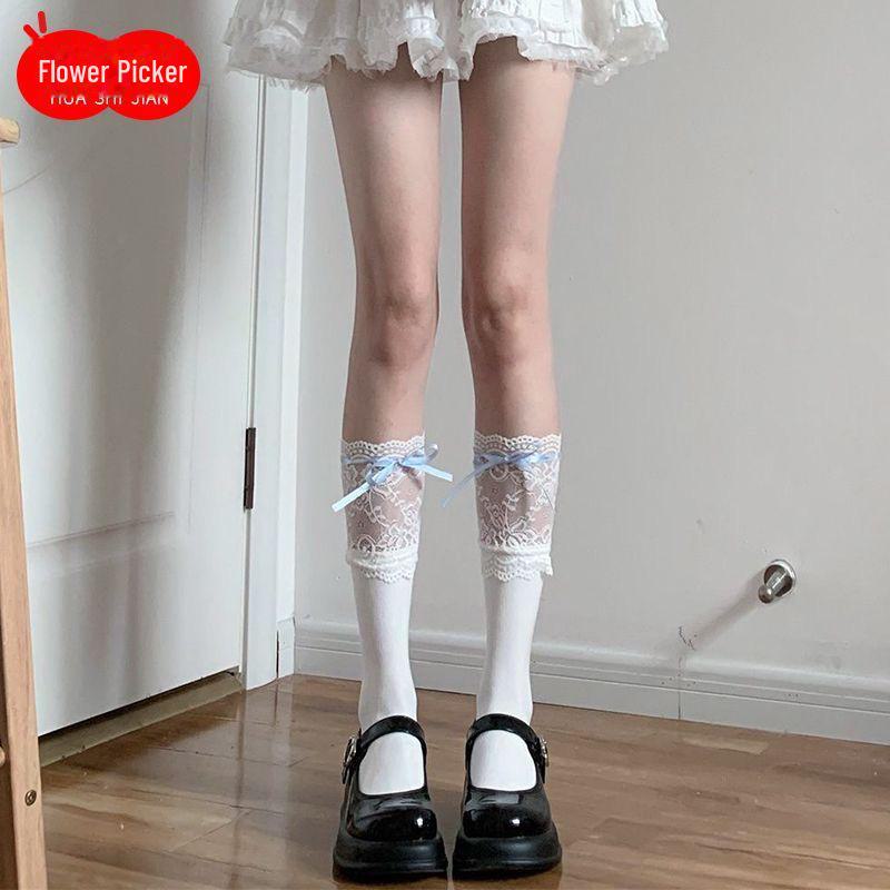 Mu Ruan Lolita Spitzen Kniestrümpfe mit blauer Schleife