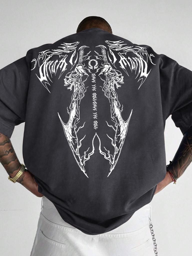 Pánské tmavé tričko s anime potiskem Stylové streetwearové grafické tričko Design plamenů a mečů Ležérní tričko s krátkým rukávem a kulatým výstřihem Léto