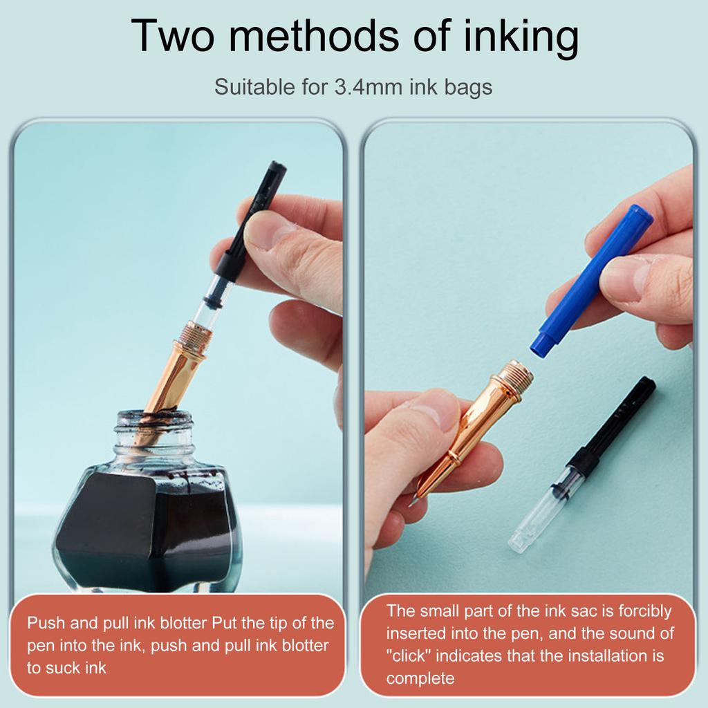 Metal Fountain Pen and 30 Inks Sac Set 0.38mm Tip Erasable for Beginner Student Adult Handwriting Drawing Journaling