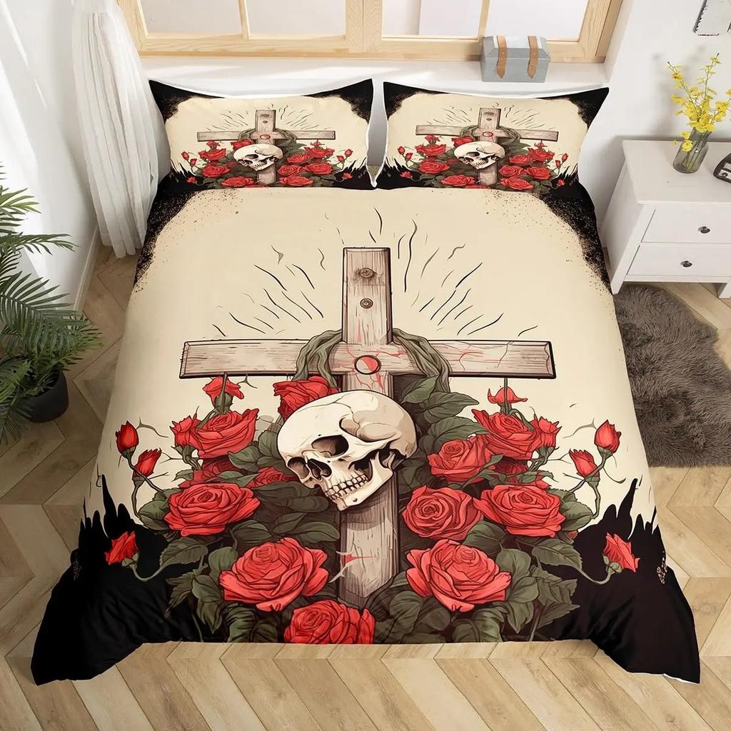 Sugar Skull Lover Bed Cover King Size Kissing Couple Skeleton Sleep Bedding Collection Red Rose Comforter Cover Death and Love Theme Quilt Cover