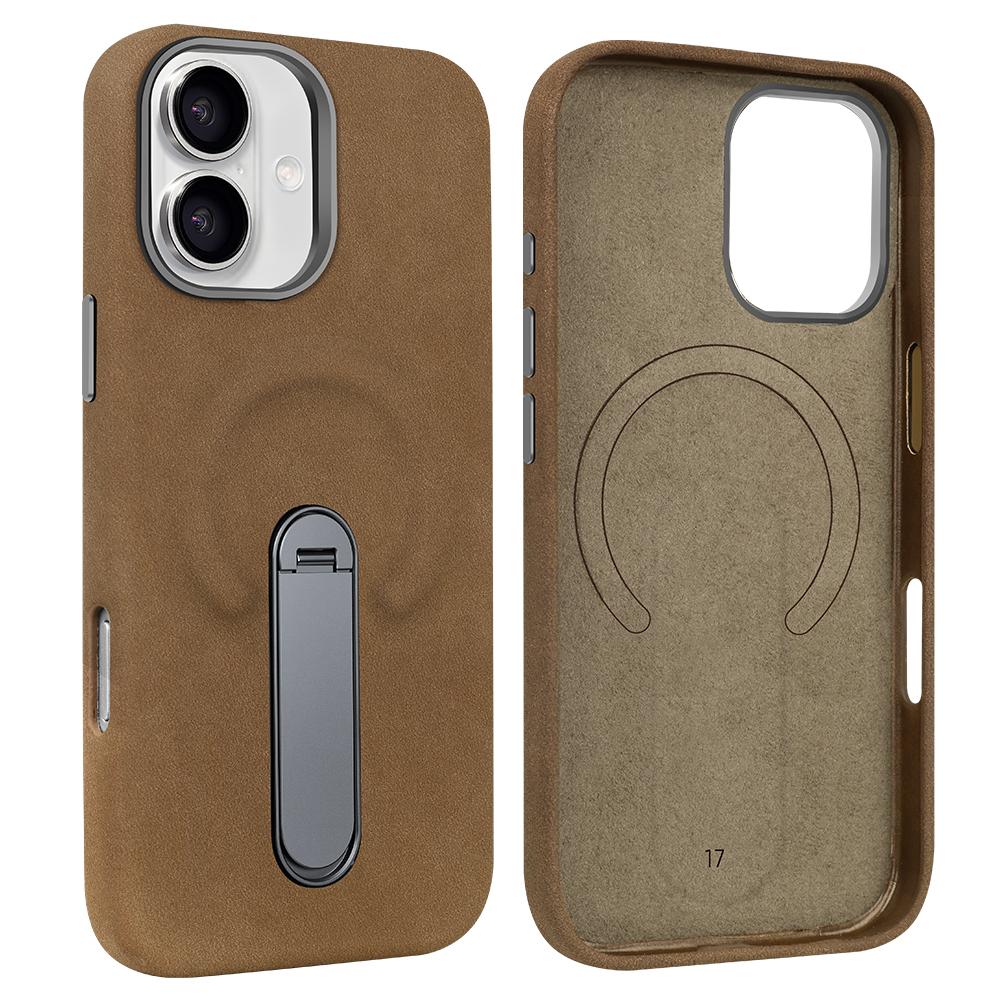 Suede PU Leather Magnetic Phone Case for iPhone 17 pro with 360° Rotatable Metal Holder Compatible with iPhone 17/16/15 Pro Max