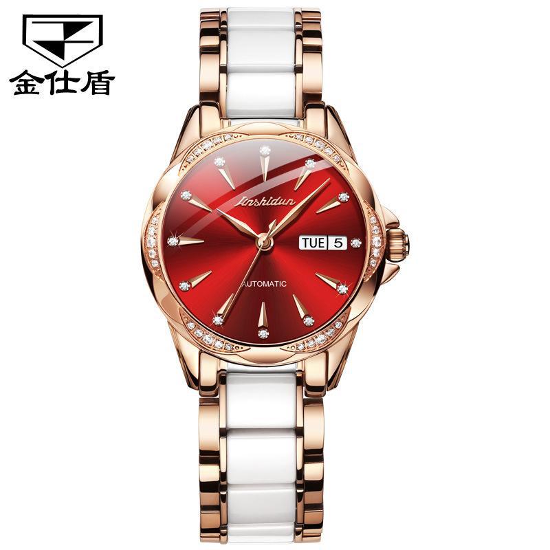 JINSHIDUN Новые деловые и досуговые женские часы Полностью автоматические механические часы Модные водонепроницаемые часы высокого класса