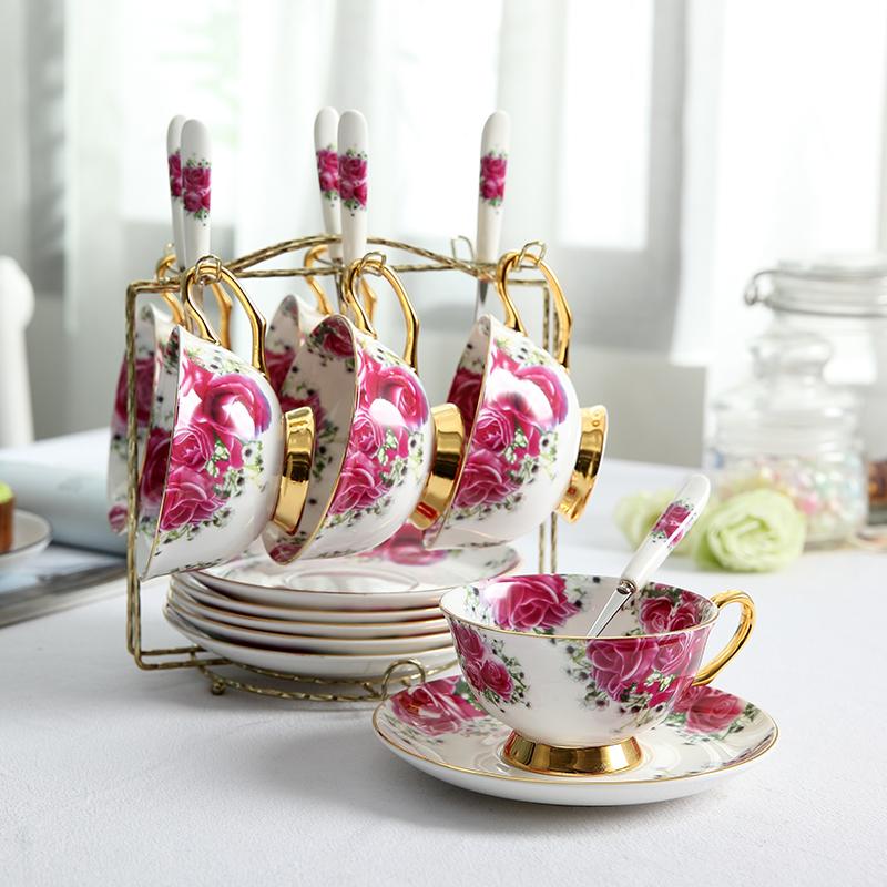 Pastoral Rose Bone China Tea Cup Saucer Spoon Set 200ml Europe Advanced Porcelain Coffee Cup British Ceramic Teacup Dropshipping