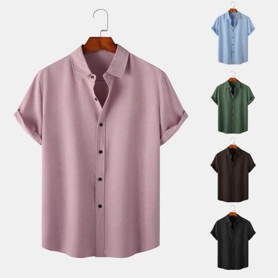 

Summer Men Shirt Solid Color Short Sleeve Loose Fit Design Breathable Fabric Lapel Collar Single-breasted Shirt Top
