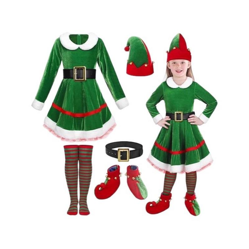 Girls Christmas Elf Dress Costume Elf Cosplay Costume Velvet Dress Suitable for Christmas Party