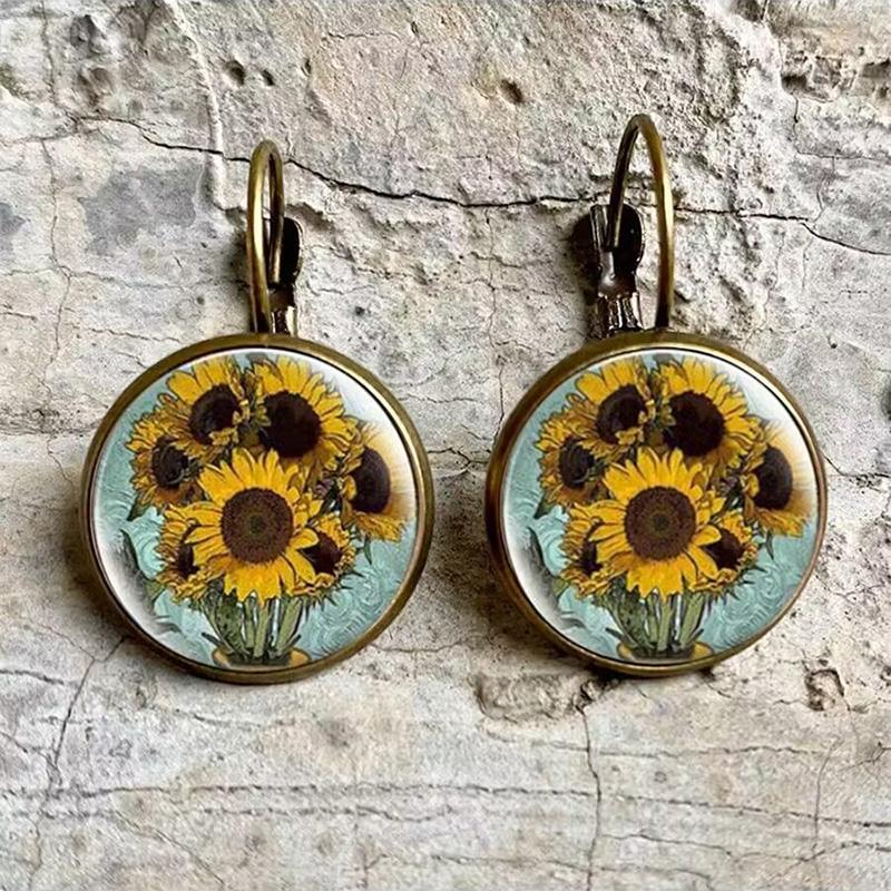 Vintage Anitique Gold Plated Starry Night Sunflower Glass Earrings For Women Classic Van Gogh Jewelry Accessories