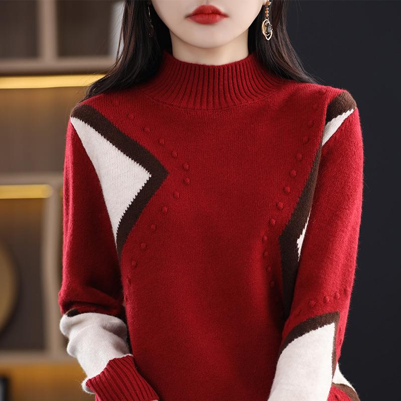 Half High Neck Sweater Women's Autumn and Winter Red Casual Knit Sweater Dragon Long Sleeved Warm Pullover Sweater