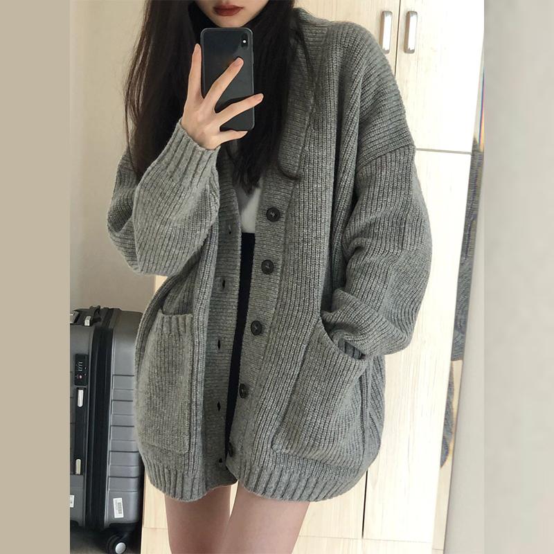 Damen-Pullover, mittellang, Strickjacke, V-Ausschnitt, lockere Strickjacke