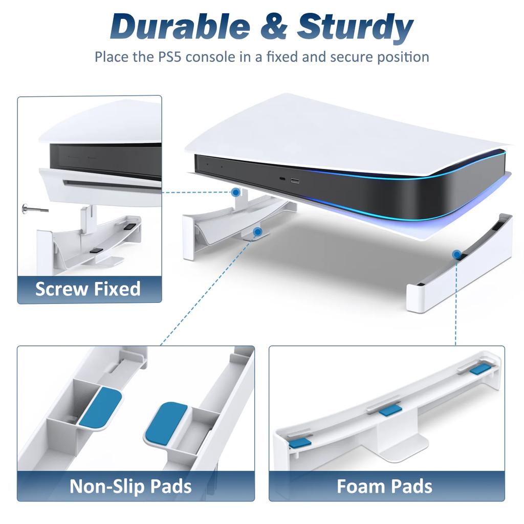Horizontal Stand For PS5 Console, Anti-Slip Base with EVA Foam, Secure Fit With Screw, White ABS Bracket
