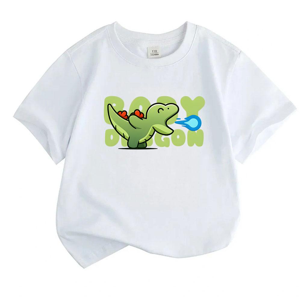 Kids Boys Girls 100% Cotton Short Sleeve O-Neck T-Shirt, Cute Baby Cartoon Little Dragon Print Casual Soft Breathable Summer Tees Tops for Little Chil