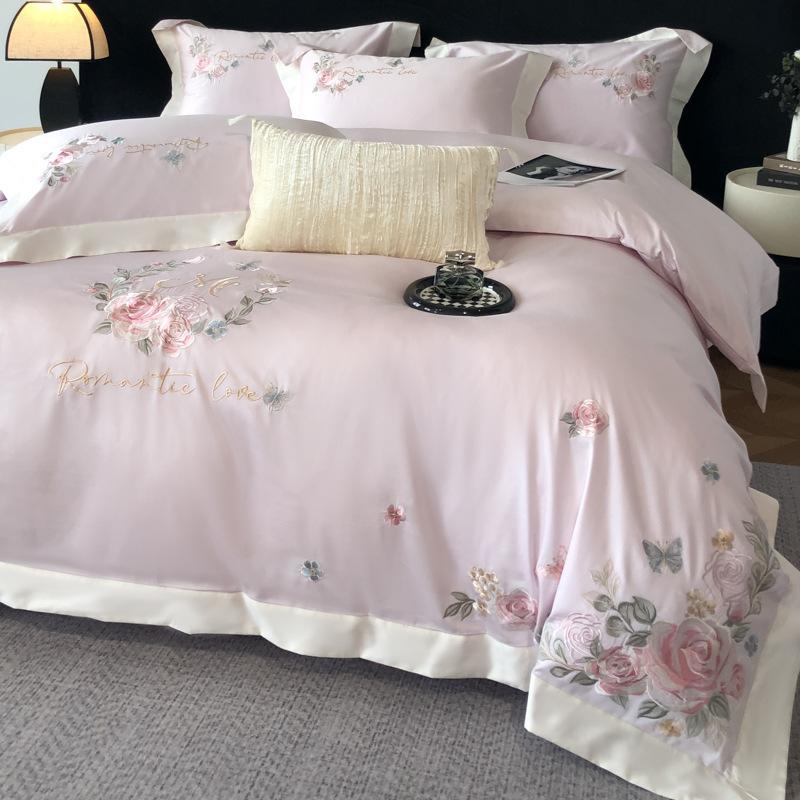 Class A Maternal And Infant Grade 240 Long-Staple Cotton4-Pcs Set Of Pure Cotton Satin Embroidered Quilt Cover, Bed Sheet Skin-Friendly Mattress