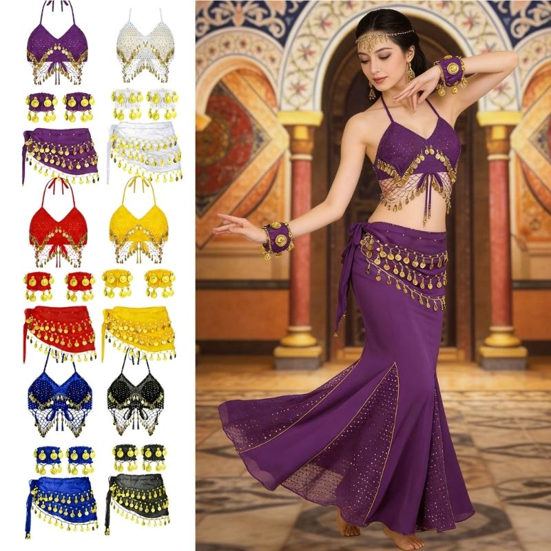 Indian Dance Costume Set With Swinging Fringe And Shimmering Waist Chain For Belly Dance Shows