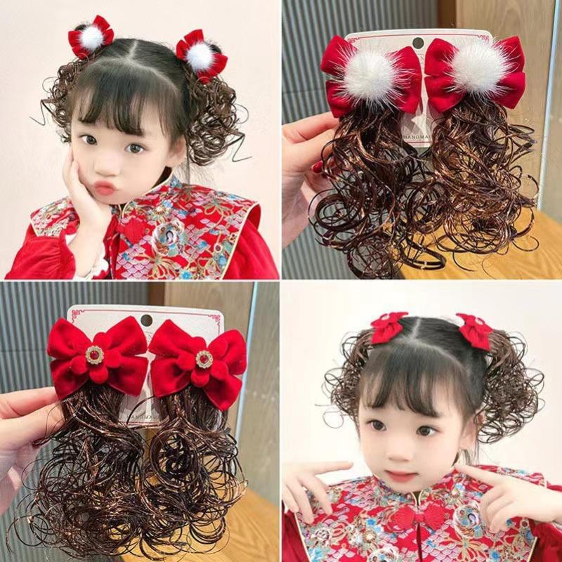 New Year Hair Accessories , Bow Clips, Hair Flowers & Wig Braids, Festive Red Headwear for Kids, Perfect for Chinese New Year.
