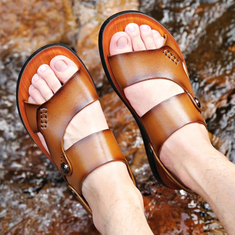 Classic Summer Men's Sandals Genuine Leather Sandals for Men Outdoor Beach SlippersOutdoor New Leather Shoes Sandalias De Hombre