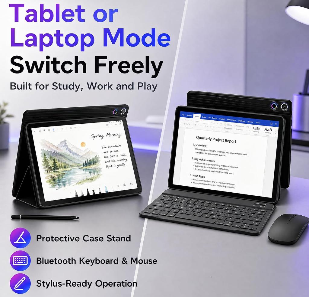 Tablet Android 15, 10,1 Pollici, 24 GB di RAM + 64 GB di ROM, Set Tastiera e Mouse