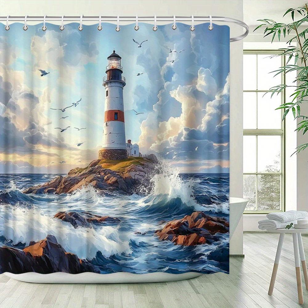 "Seaside Landscape Shower Curtain - Water Tower Castle, Blue Sky Beach Scene, Country Style, Casual Bathroom Decor