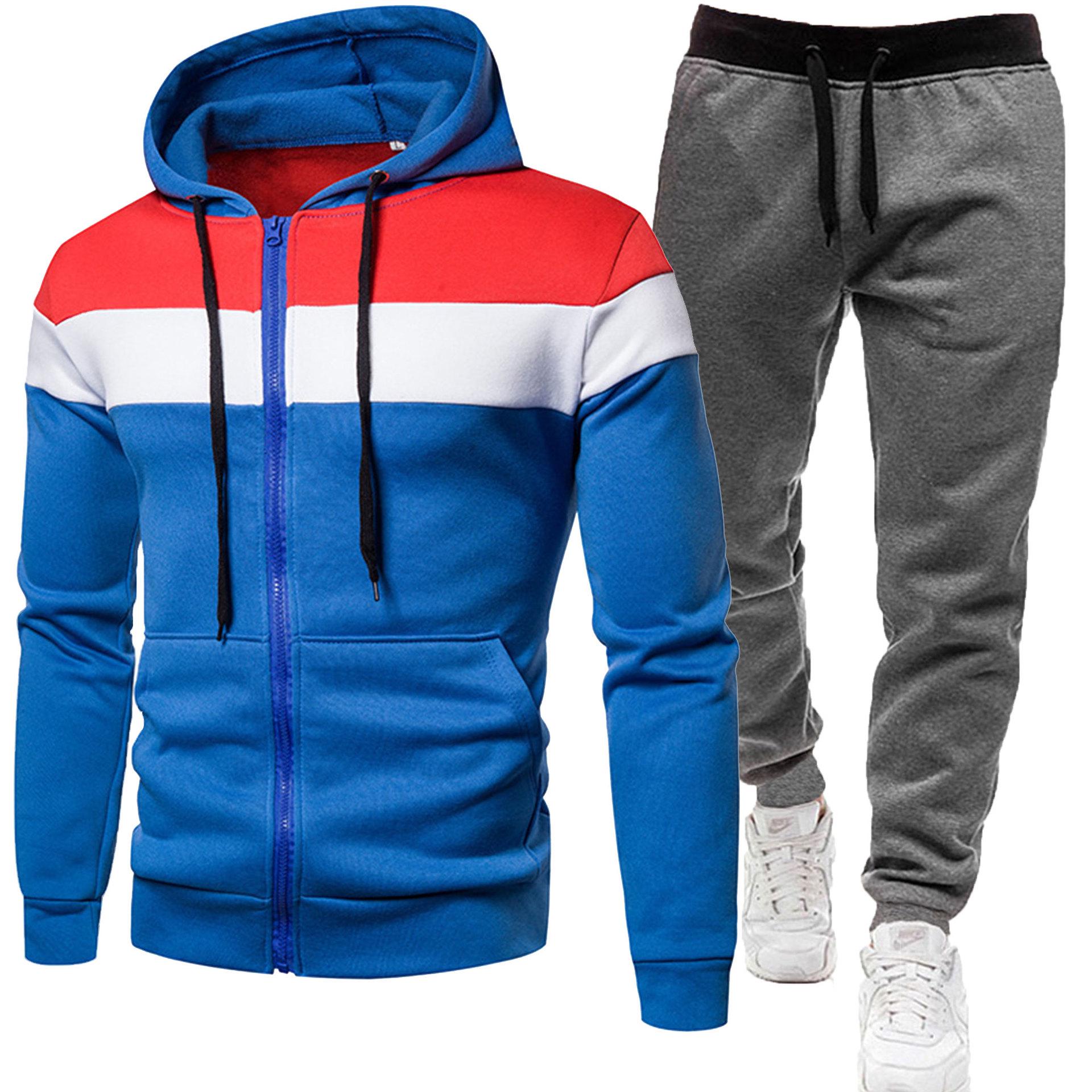 

Men s 2024 Casual Tracksuit: Spliced Hooded Jacket & Long Pants Two-Piece Set for Spring/Autumn. XL