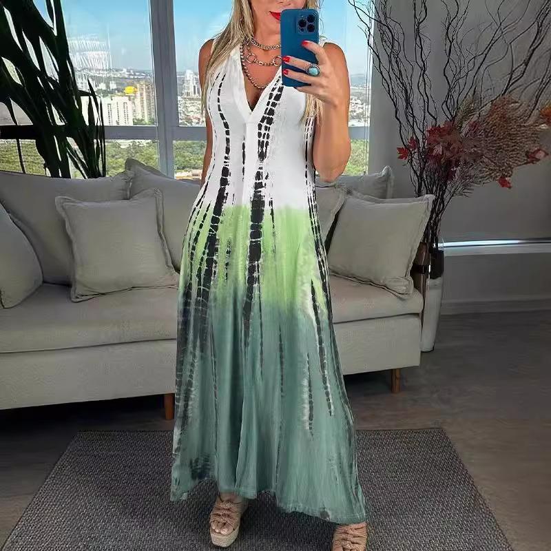 

YYFS Женская мода лето весна цвет блок принт без рукавов V-образный вырез свободная талия повседневные платья XXXXXL