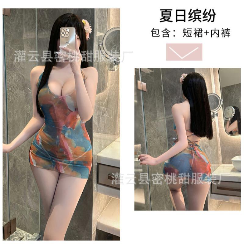 Sex lingerie thin summer neck beach swimsuit sexy deep V perspective skirt temptation