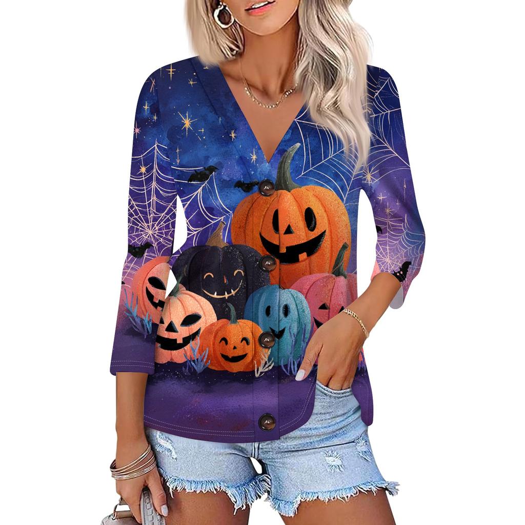 Women's Fashion Casual Print Button-down Shirt 3/4 Long Sleeve Tops
