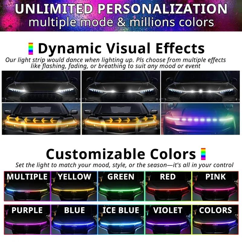 APP Control RGB Car Hood Light Strip Multi Color LED Engine Bay Accent Lighting Ambient Exterior Decoration Trunks SUVs Pickup