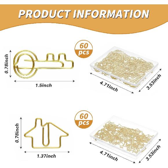 Hesena 120 Pcs Paper Clip Set, 60 Pcs House & 60 Pcs Key Shaped Paperclips for Office, Real Estate Agent,Realtors Gifts (Gold)