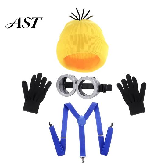 Cosplay Costume Accessories Knit Hat Set, Retro Round Glasses Suspenders Gloves, Halloween Party Black Breathable Gloves Kit for Adults, Funny Themed