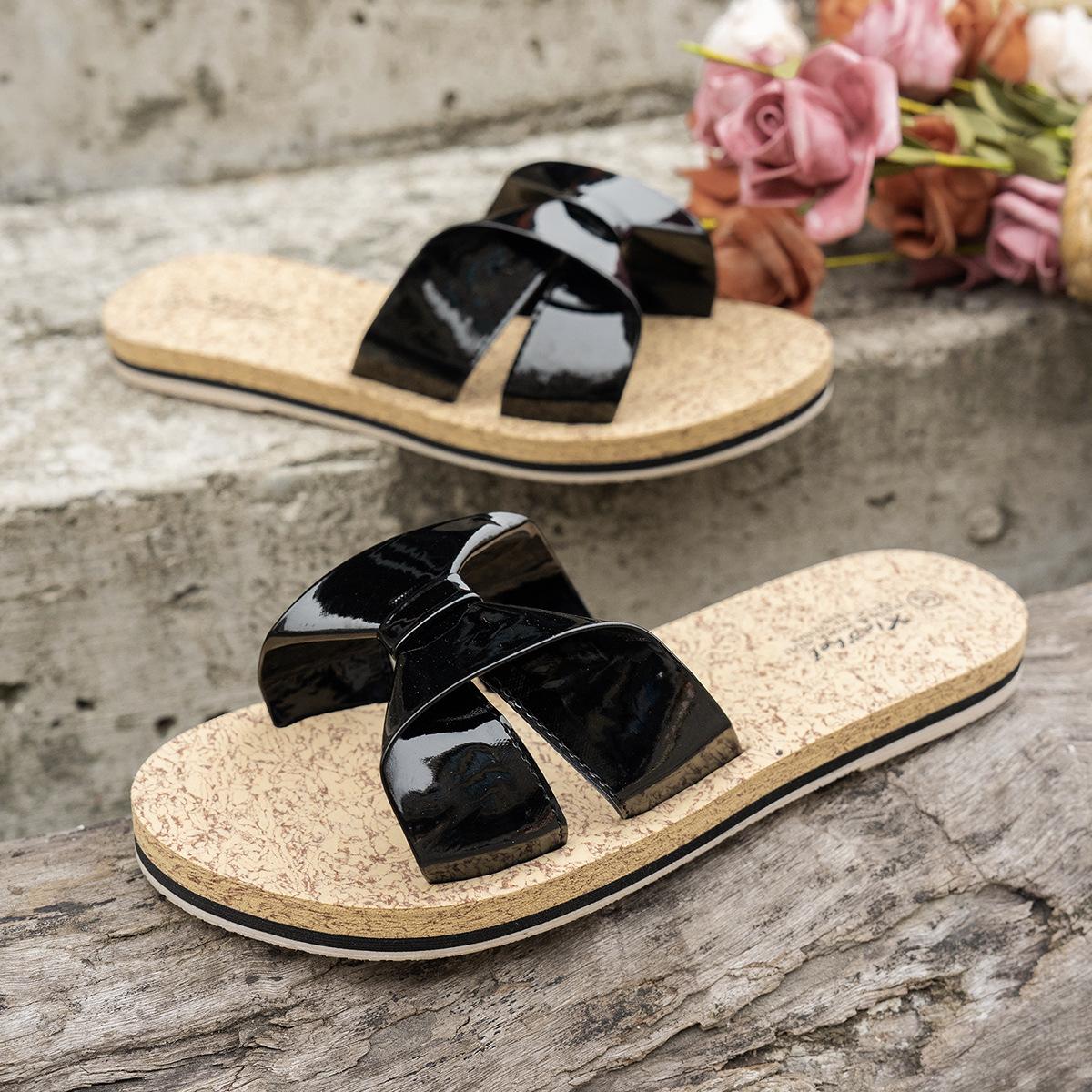 

Летние женские повседневные шлепанцы новые уличные бантик плоская подошва круглый носок слово пляжные сандалии 41 чёрный