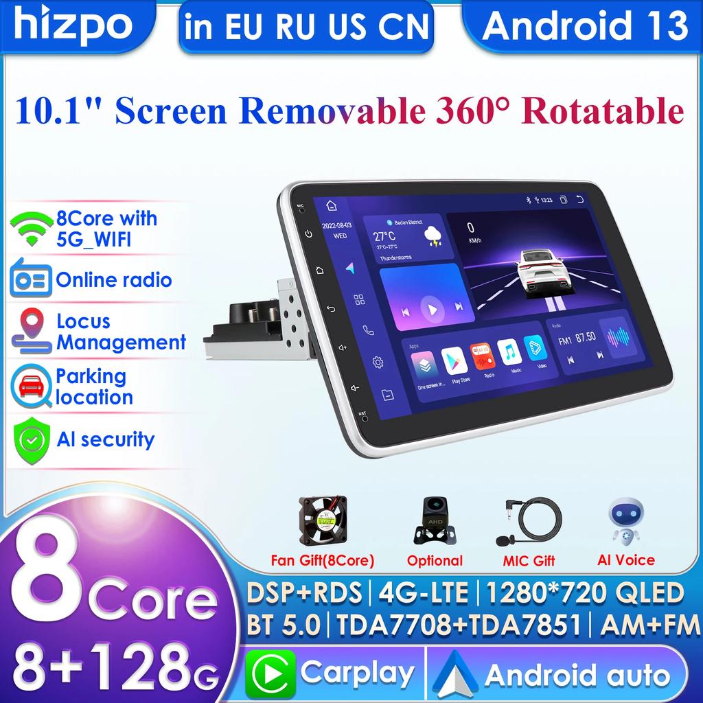Car Multimedia Player Hizpo Rotatable 1 Din Android 13 Car Radio GPS Navigation Player