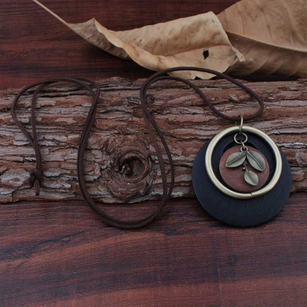 Leather Chain Wooden Pendant Necklace Boho Clothing Pendant Vintage Necklace  for Women Men