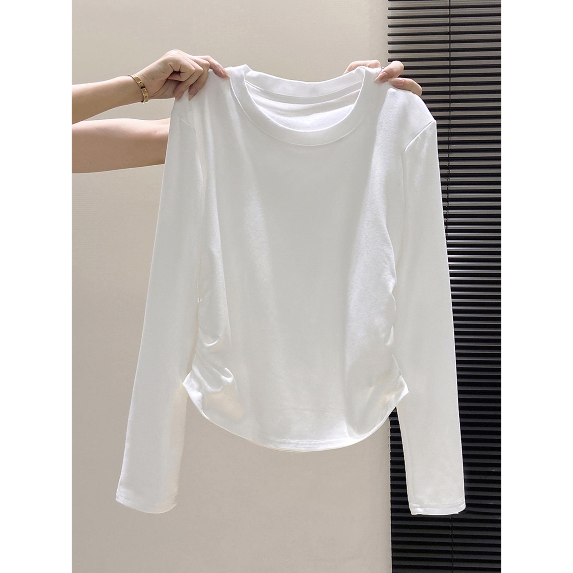 

Versatile Women s Solid Color Round Neck Slim Fit T-Shirt - Long Sleeve, Ruched, Brushed Base Layer for Spring, Autumn, Winter. Large