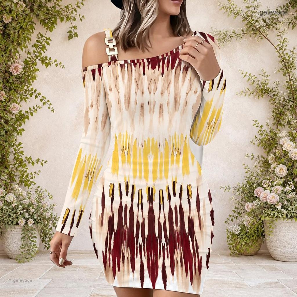 Women Plus Size One Shoulder Long Sleeve Printed Striped Bodycon Mini Dress