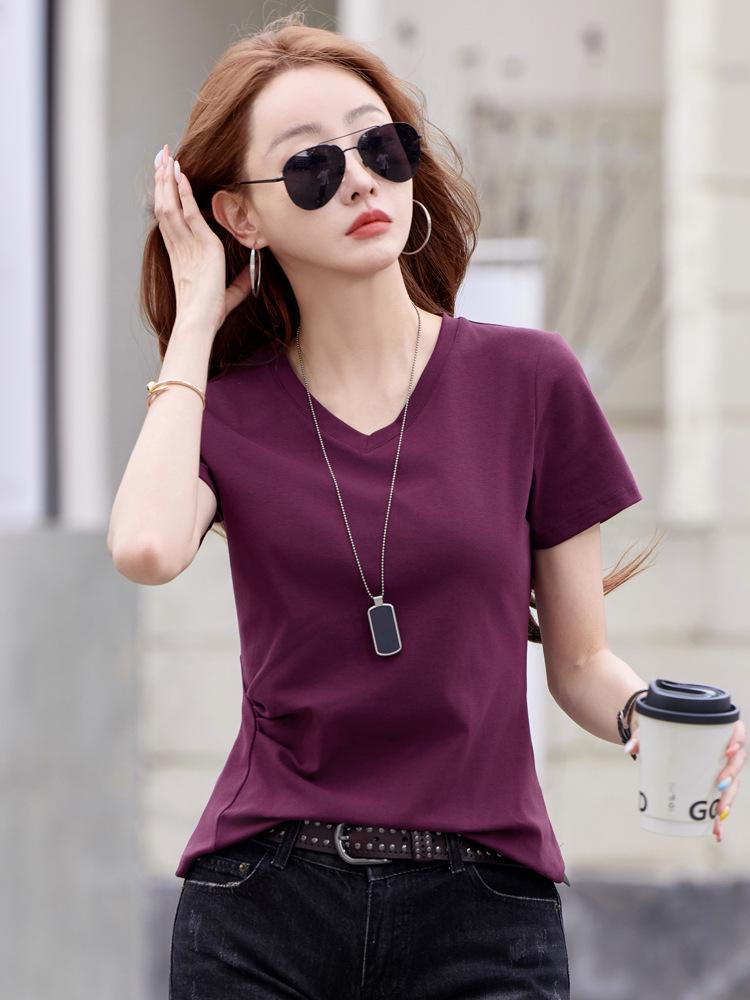 Women's Summer V-Neck Pleated Waist T-Shirt - Cotton, Short Sleeve, Elegant Korean Style
